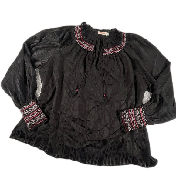 Johnny Was Tops - Johnny Was L Silk Zig Zag Embroidered Blouse Black Tassels Boho Peasant Top Luxe